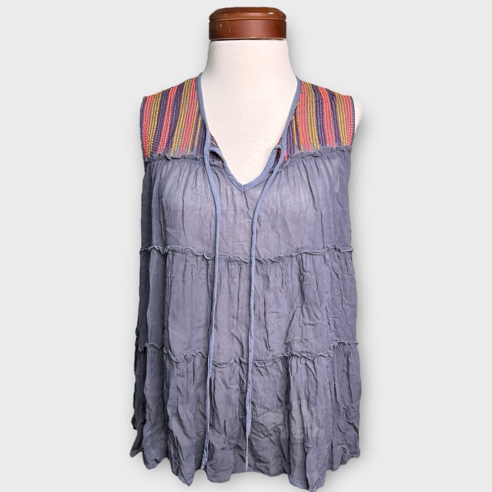 Ivy Jane Dusty Gray Semi-Sheer Boho Colorful Embroidered Tiered Tank Blouse Sz M